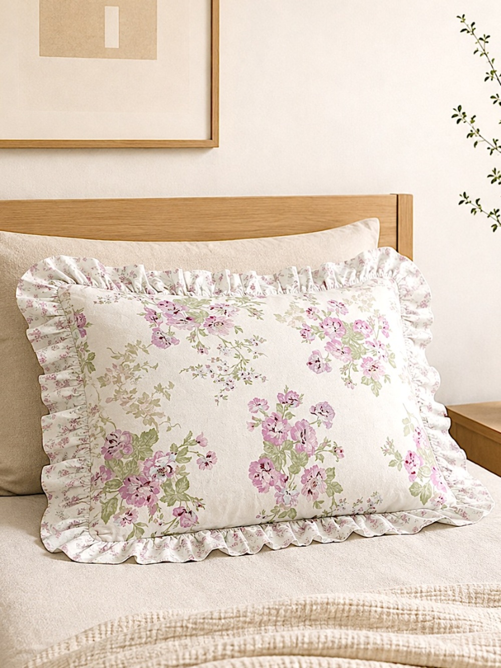 Shabby Chic Misty Rose pillowcase floral ruffle edge cotton stripe standard